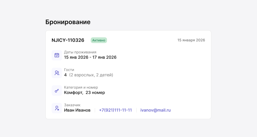 Данные о бронировании в сервисе Гости Bnovo